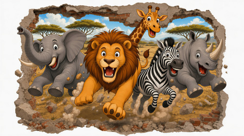 Safari animals hole wall - in,